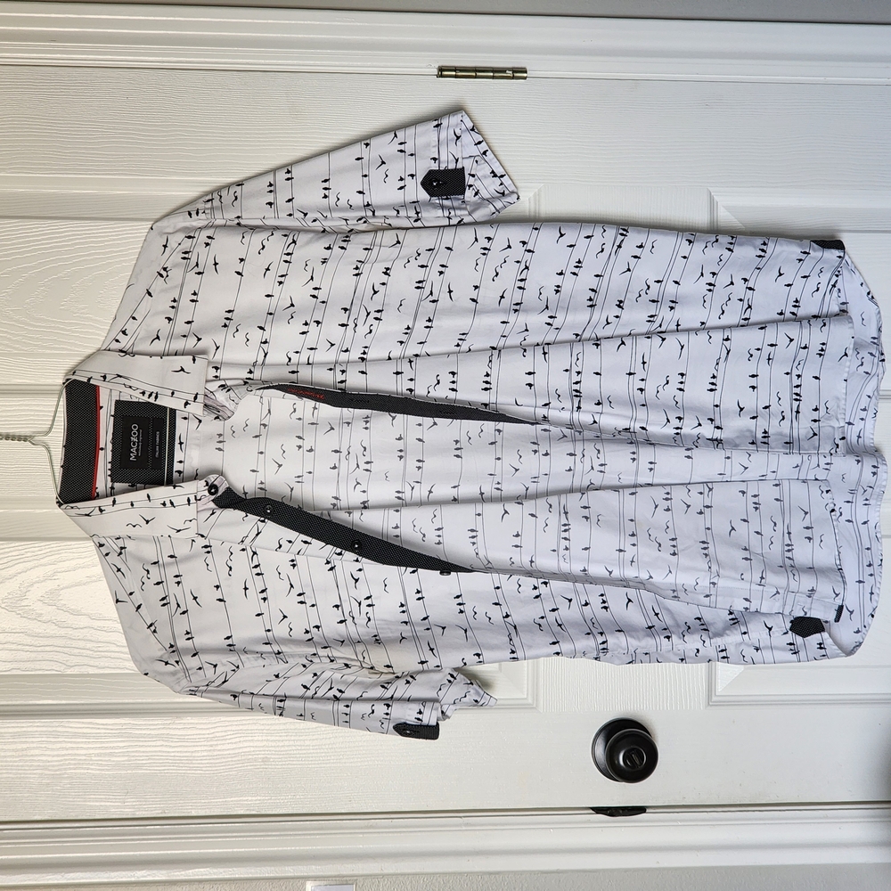 Maceoo White and Black Birds On A Wire Casual Button Down Shirt